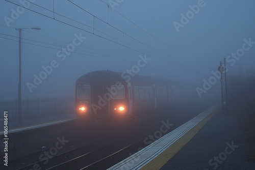 Train arrives at platform in thick fog, early morning