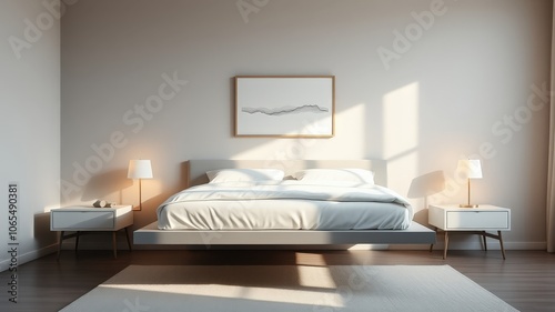 Minimalist bedroom with floating bed, white walls, wooden floor, bedside tables, lamps, and artwork featuring abstract lines.