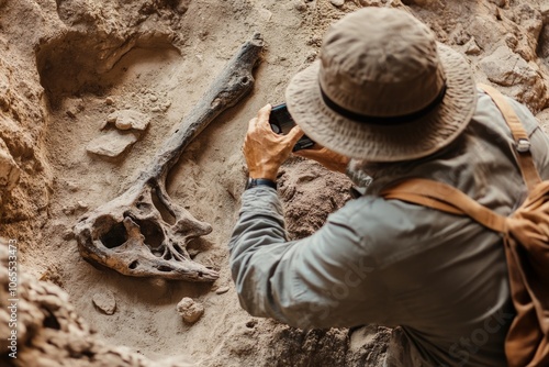 An archaeologist keenly photographing a remarkably intact dinosaur skull at a dig site, preserving the fascinating discovery of Earth's ancient natural heritage.