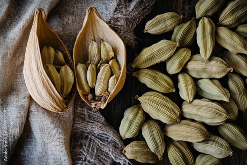 Beautifully arranged cardamom pods, including opened ones with seeds visible, symbolizing freshness and the alluring appeal of traditional spice markets.