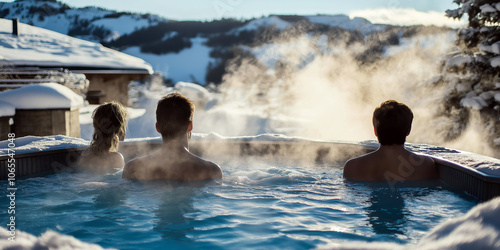 A luxurious spa at a ski resort, guests relaxing in an outdoor hot tub surrounded by snow, steam rising into the cold mountain air.