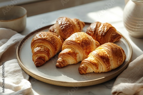 A plate of freshly baked golden croissants is displayed in soft, natural lighting, showcasing their flaky, buttery layers and inviting appearance.