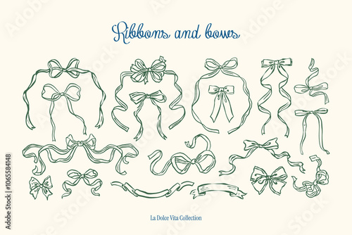 Minimalist hand drawn ribbons and bows vector illustration collection. Art for greeting cards, wedding invitations, poster design, postcards, branding, logo design, background. Matisse style doodles.