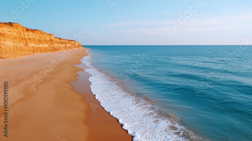 A pristine sandy beach with foamy waves lapping at the shore, set against a backdrop of a majestic cliff and a clear blue sky.