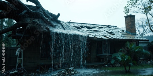 A fallen tree creates a cascading waterfall over a damaged house, leaving a path of destruction in its wake.