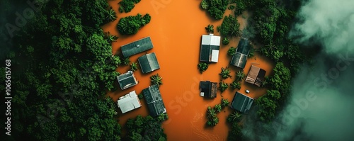 Aerial view of houses surrounded by orange floodwaters in a lush green landscape.