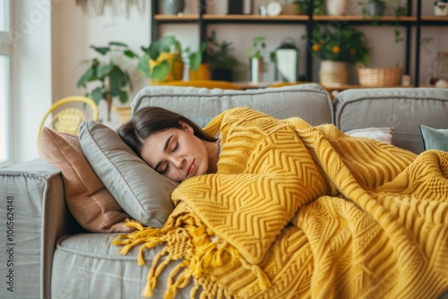 Serene Woman Enjoys Afternoon Nap, Resting on Comfortable Sofa under Cozy Yellow Blanket