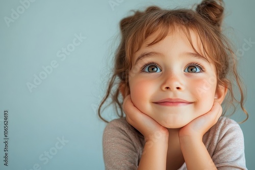 Smiling child with bright blue eyes resting her chin on hands in a light blue background