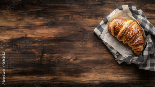 Świeży francuski croissanta leżącego na białej serwetce na drewnianym stole, otoczonego przytulną atmosferą.