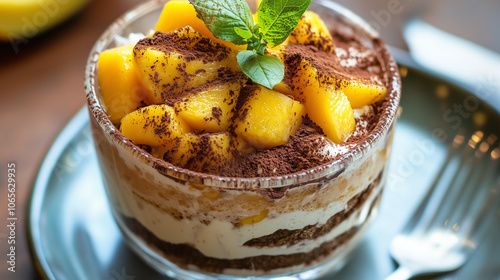 Tiramisu z soczystymi kawałkami mango, które delikatnie zdobią wierzch deseru. 