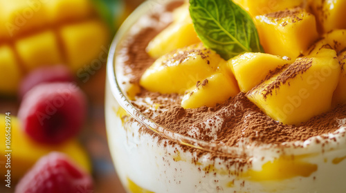 Tiramisu z soczystymi kawałkami mango, które delikatnie zdobią wierzch deseru. 