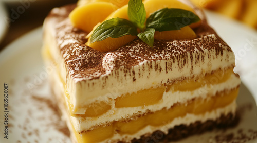 Tiramisu z soczystymi kawałkami mango, które delikatnie zdobią wierzch deseru. 