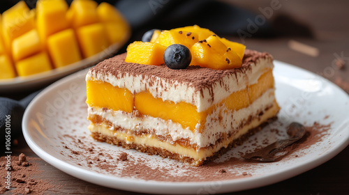 Tiramisu z soczystymi kawałkami mango, które delikatnie zdobią wierzch deseru. 