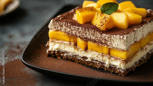 Tiramisu z soczystymi kawałkami mango, które delikatnie zdobią wierzch deseru. 