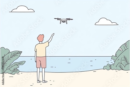 A person stands on a beach, waving at a flying drone over an exotic landscape, capturing the perfect blend of nature and technology in a serene setting.