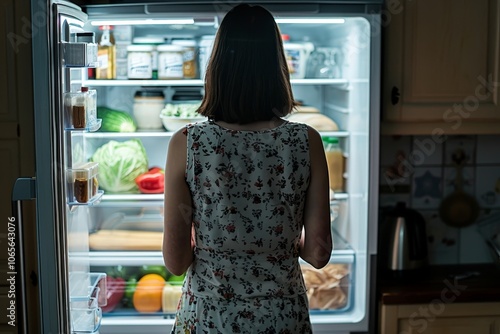 Late night snack temptation woman reaches for unhealthy treats in an open refrigerator