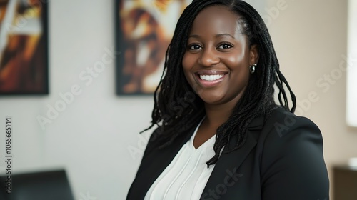 Confident Black woman in business attire smiles warmly in an office setting.