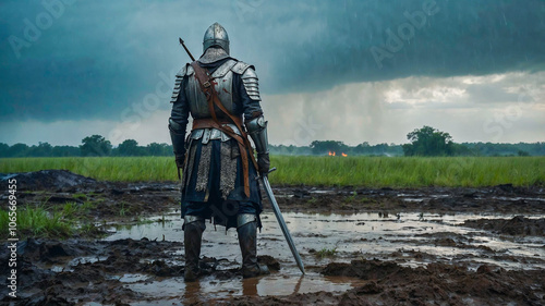 A medieval knight in full armor stands with his back facing the viewer, holding a sword in a muddy field.