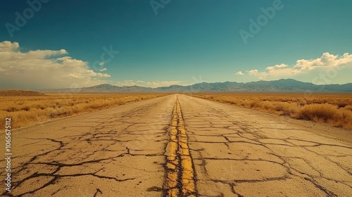 Deserted highway stretching into the horizon vast empty plains tumbleweeds blowing across the road cracked asphalt