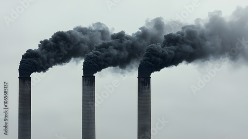 Choking Smokestacks: air pollution. Industrial smokestacks belching out dark plumes of pollutants against a gray sky. The stark contrast between the stacks and the environment emphasizes the 