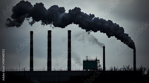 Choking Smokestacks: air pollution. Industrial smokestacks belching out dark plumes of pollutants against a gray sky. The stark contrast between the stacks and the environment emphasizes the 