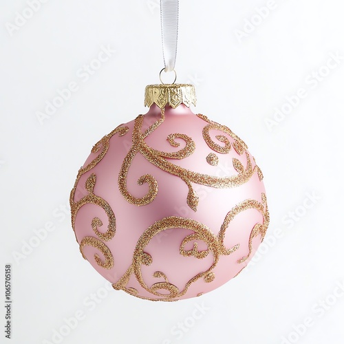 Boule de Noël rose avec motifs dorés scintillants.