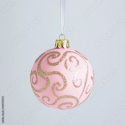 Boule de Noël rose avec motifs dorés scintillants.