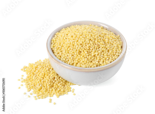 Millet groats in bowl isolated on white