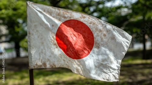 日光が当たる屋外の公園の背景にはためく日本の国旗