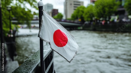 都市公園の川辺にはためく日本の国旗