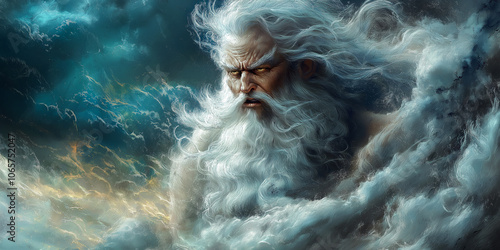 Majestic Godlike Figure Amidst Dramatic Stormy Clouds