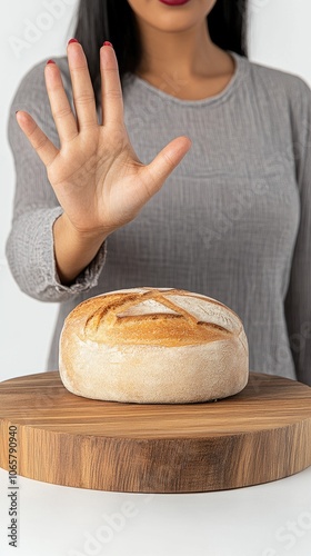 A woman holds up her hand to stop while showcasing whole wheat loaves in a clean food plaza concept, expressing a gesture of saturation