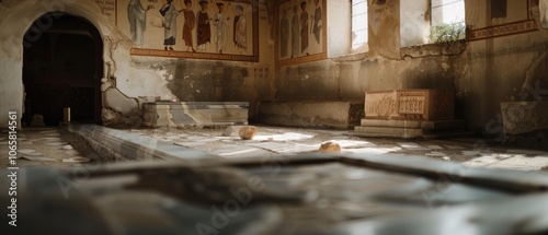 A dimly-lit ancient room with intricately painted walls and stone sarcophagi, echoing stories of the past.