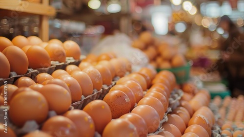 Faint glimpses of farmfresh eggs and dairy products in a bustling market setting.