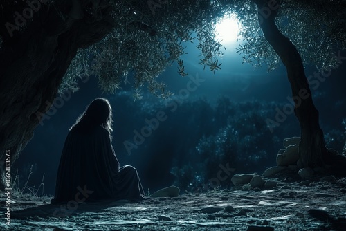 Jesus praying alone in the Garden of Gethsemane at night, with deep shadows from olive trees, a sense of solitude, and a single moonbeam illuminating his solemn face