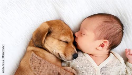 可愛い子犬と一緒に眠る赤ちゃん