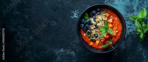 Healthy and vibrant blueberry smoothie bowl, topped with nuts, seeds, and blueberries