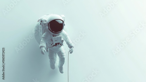 A stylized astronaut tethered to an unseen object, floating in a minimalist, light-colored space environment