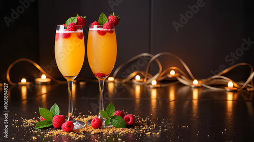 Festive mimosas with raspberries and lights in background