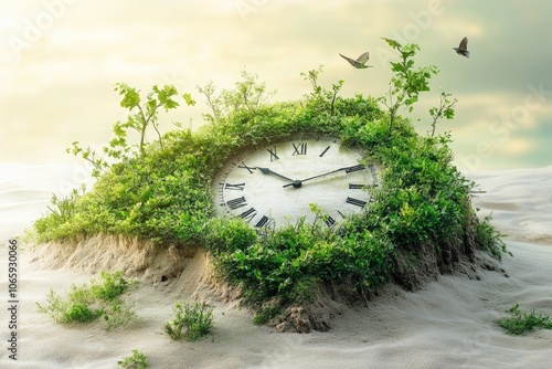 Vegetation is growing on a clock face buried in sand dunes with birds flying