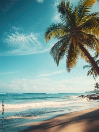 Beachside relaxation, palm trees, clear sky, tropical getaway.