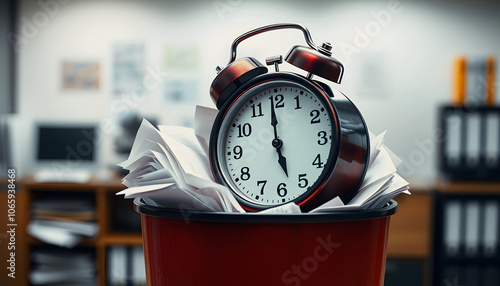 Alarm clock falls in wastepaper bin full of papers in office highlighted by white, png