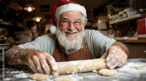 Le sympathique Père Noël prépare des biscuits de Noël dans une cuisine confortable sur le thème de Noël, entouré de décorations de Noël et de couleurs festives, étalant joyeusement la pâte à biscuits.