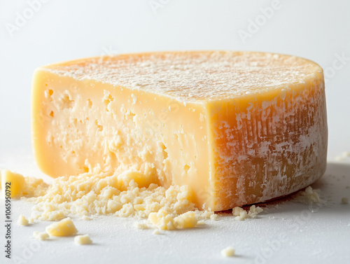 Meule tranchée de fromage parmesan de qualité sur fond blanc, produit artisanal italien