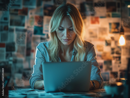 Une femme blonde d'environ quarante ans travaille sur un ordinateur portable le soir au bureau, arrière-plan rempli d'articles de presse ou de journaux : portrait d'une journaliste, édition 