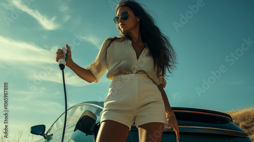 Elegant woman with an electric car charging cable, promoting eco-friendly transportation and sustainable living