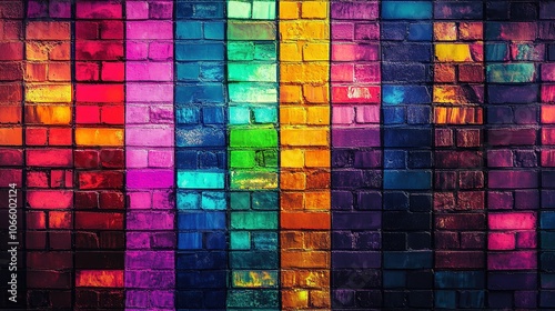 Empty background of neon multicolored brick wall divided into several vertical stripes of different colors. Front view