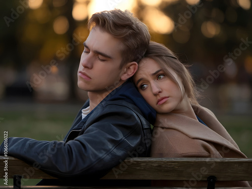 Una pareja joven con problemas de relación sentada en un banco al aire libre 