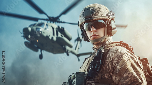 Military male paratrooper, commando in full tactical gear and helmet, holding a rifle against the background of a flying helicopter under a clear blue sky with copy space