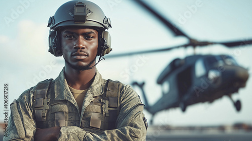 Confident military black male helicopter pilot, commando in full tactical gear and helmet and body armor against the background of a flying military helicopter with copy space.